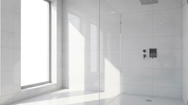 White tiled bathroom features a bright window glass shower panel  chrome fixtures mounted on the wall