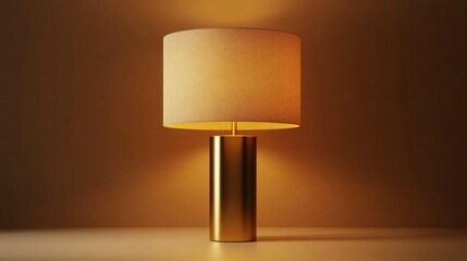 Cream-shaded, gold-toned table lamp, softly lit