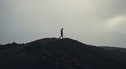 Mysterious figure trekking alone across a jagged volcanic ridge, pale grey skies swirling above, dramatic tension, high contrast, moody scene
