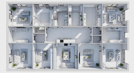Overhead view of a detailed architectural model showcasing multiple rooms and interior spaces in white