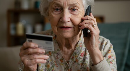 Vulnerable senior woman on the phone giving credit card information, a target for financial fraud. Concept of identity theft and phone scams against the elderly.