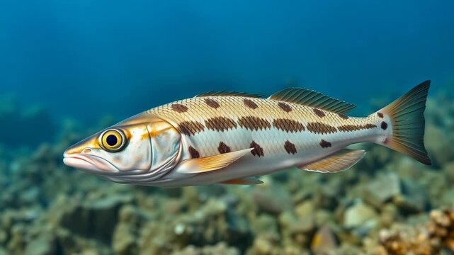A beautiful spotted fish swims gracefully through the clear blue ocean waters near a vibrant coral reef