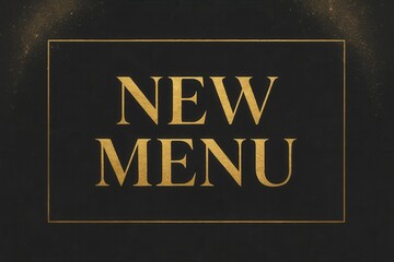 Elegant "New Menu" text in gold lettering on a black background, framed with subtle gold accents, conveying sophistication and luxury for restaurant promotions.