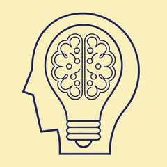 Blue outline of a human head profile containing a lightbulb with a brain inside on a cream background