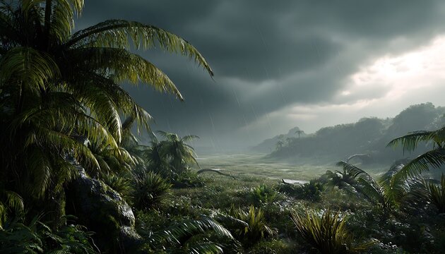 Ferns and cycads rustling as reptiles run across stormy plain