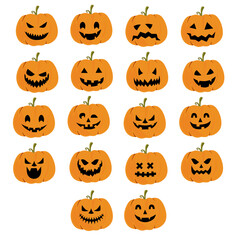 Halloween style cartoon pumpkin illustrations, each with a unique and imaginative facial expression.