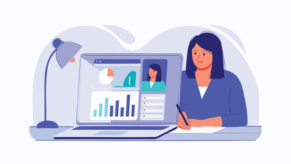 Woman working on laptop with graphs and charts in a bright workspace at home or in the office