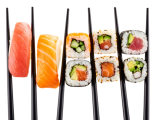 Angled View of Colorful Sushi Selection Grasped with Black Chopsticks, Transparent PNG