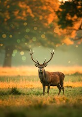 Majestic red deer stag with magnificent antlers stands alert in a sun-kissed autumn meadow, bathed in the soft, golden light of dawn, capturing the serene elegance of wildlife thriving 