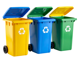Angled View of Three Different Colored Recycling Containers with Open Lids, Transparent PNG