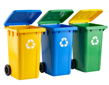 Angled View of Three Different Colored Recycling Containers with Open Lids, Transparent PNG