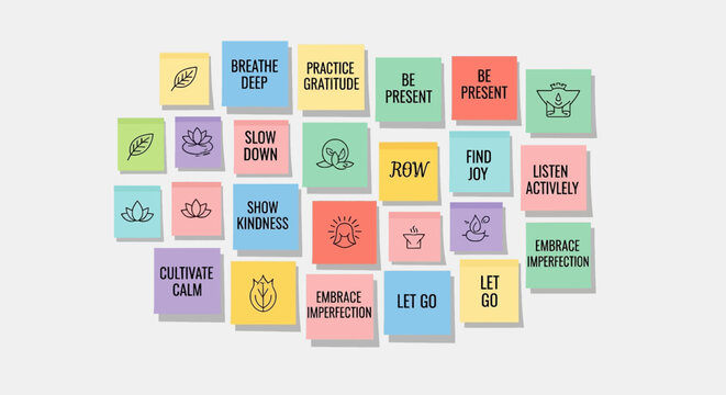 Positive affirmations and mindful reminders on colorful sticky notes for personal growth and well-being