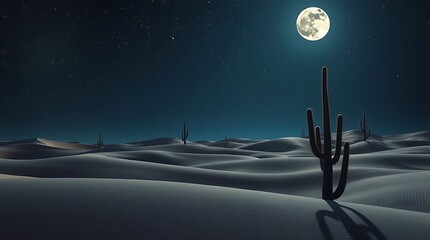 A serene desert landscape under a glowing full moon and starry night sky, featuring cacti silhouettes against sand dunes and a tranquil, beautiful ambiance.