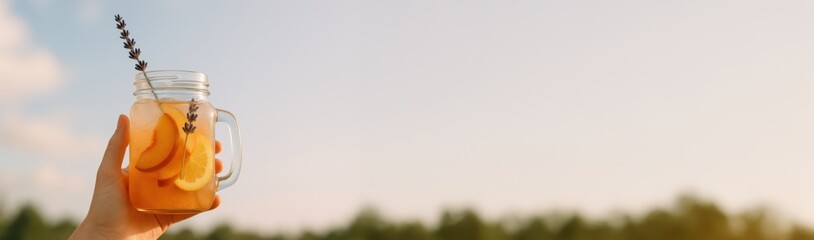 Banner hand holding jam jar cocktail with peach slices, ice cubes and lavender sprig against sky at sunset, with negative space on the right for text, concept of summer outdoor refreshment