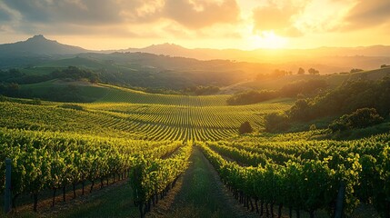 Fototapeta premium Golden Hour Sunset Over Rolling Farmland Hills