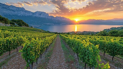 Fototapeta premium Golden Hour Sunset Over Farmland And Lake With Mountain Background