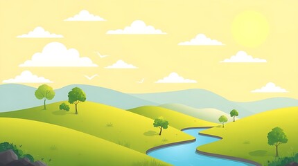 Serene vista of rolling green hillsides with a winding river under a sunny sky creates a peaceful, idyllic landscape illustration for a nature background.