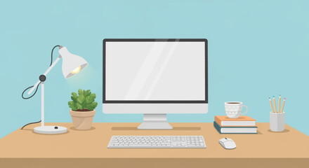 Modern desktop computer setup with desk lamp, plant, coffee cup, books, and pencils