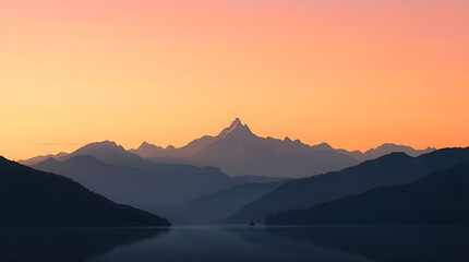 Serene mountain range silhouette view with calm water reflections during a sunset in the pacific northwest showcasing peaks and beautiful natural scenery.