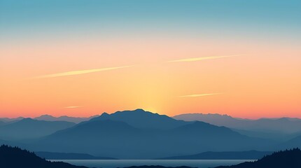 A picturesque vista displays blue mountains at dawn, evoking peace, the horizon bathed in sunrise hues, offering serenity with calm water and a clear sky.