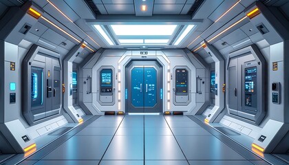 Futuristic corridor with glowing panels