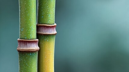 Fototapeta premium Close up of two wet bamboo stalks with segmented nodes against a blurred teal background
