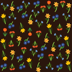 Seamless floral pattern with colorful flowers and leaves, a vibrant vector illustration perfect for spring or autumn decoration, wallpaper, or textile design