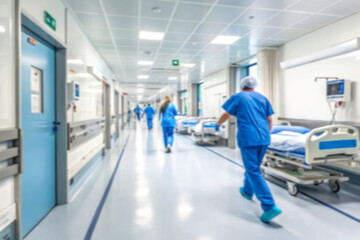 Hospital Corridor: Medical Staff & Patients in Modern Healthcare Facility