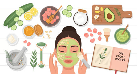 Woman applying homemade facial mask with natural ingredients and beauty tools for skincare