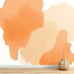 Stylish interior features a modern orange watercolor wall art design with a trendy woven vase that adds a touch of texture to a light wood floor.