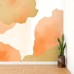 Contemporary interior with abstract orange wall design and a decorative plant in a modern setting, offering a minimalist yet stylish living space atmosphere.