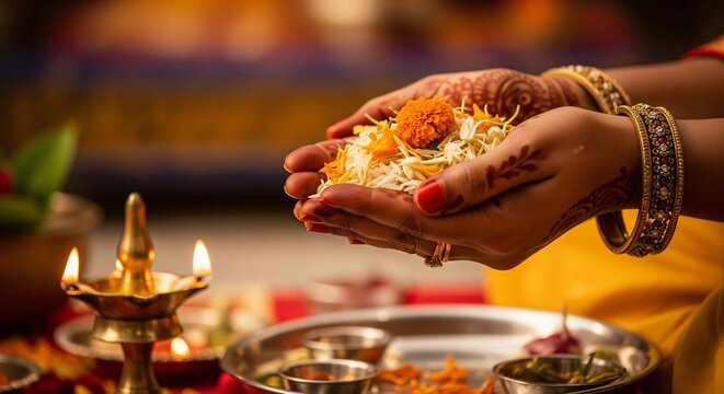 Hands adorned with henna and bangles hold offerings for a spiritual ceremony with a lit diya