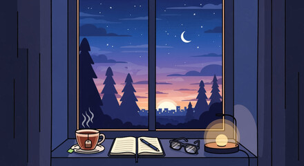 Cozy window view with steaming tea, open journal, glasses, and lamp overlooking a sunset forest cityscape
