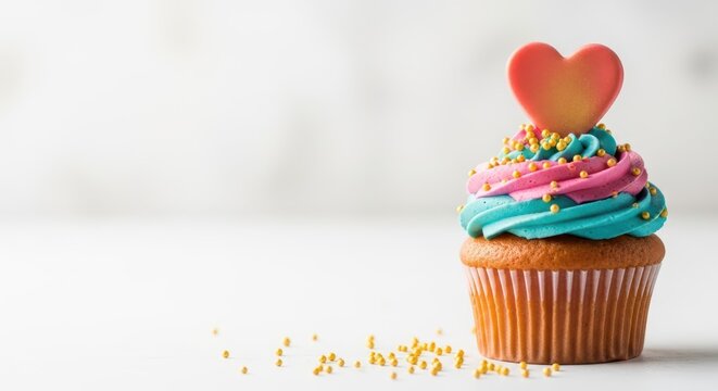 Colorful cupcake with pink and blue frosting and heart