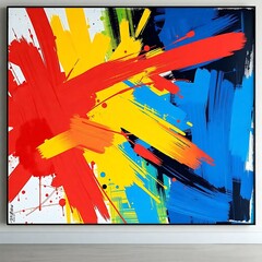 A modern abstract art featuring vibrant brushstrokes with a mix of red, yellow, and blue color palette, offering an energetic and eye-catching graphic for diverse applications.