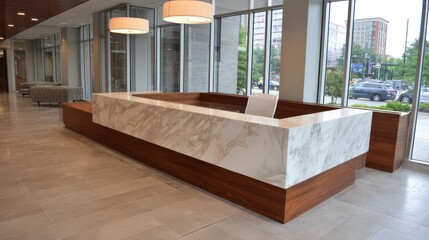 Modern reception desk in a spacious lobby