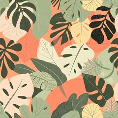 Artistic display of tropical leaves creates a captivating botanical motif perfect for backgrounds, textiles, or wallpaper with light pastel shades and unique textures.