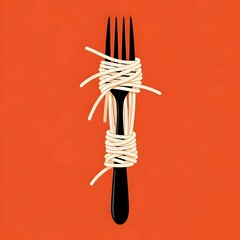 VINTAGE retro-inspired ILLUSTRATION of a black fork and the tines are wrapped in soft cream-colored spaghetti. flat, minimalist, burnt orange background,  classic, texture, concept, vintage food 