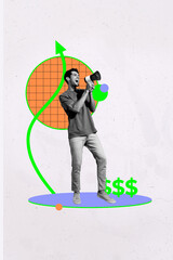 Creative pop collage of young person scream megaphone with dollars sign on white background