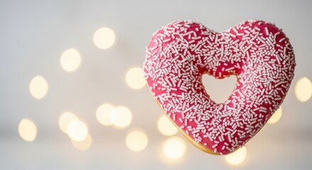 Fototapeta premium A heartshaped donut with pink icing and white sprinkles