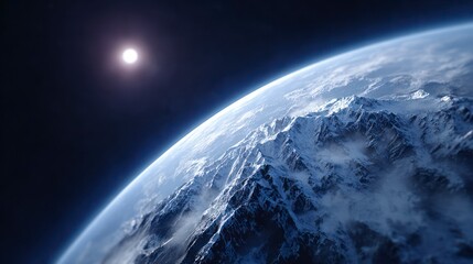 Fototapeta premium Snowy mountain peaks on Earth's curved horizon under a bright sun in deep space