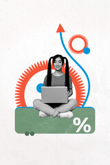 3D photo collage template trend artwork sketch of young lady work laptop percent cogwheel mechanism...
