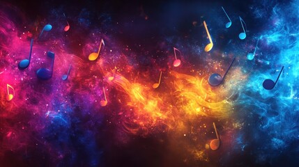 Colorful music notes in vibrant flames