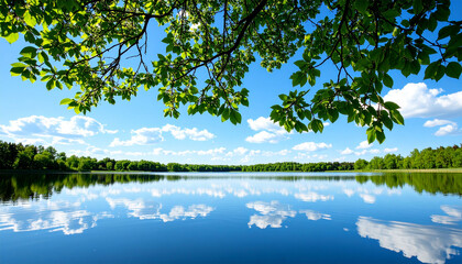 A tranquil lake view with the reflection of the blue sky
