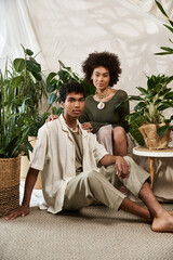 Stylish young couple sharing a moment of love amidst indoor greenery