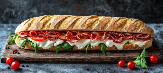 Artisan Delight Exquisite Italian Submarine Sandwich with Prosciutto and Mozzarella on Wooden Plate