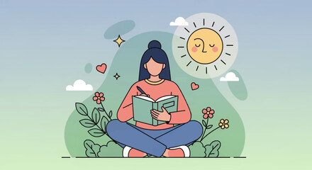 Young woman enjoys journaling outdoors surrounded by nature and a cheerful sun
