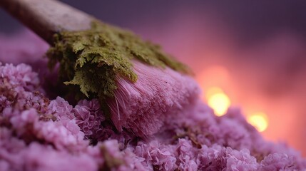 Close up of dried pink statice flowers with moss and blurred bokeh lights