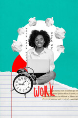 Creative surreal of young worker girl use netbook work with clock on green color background