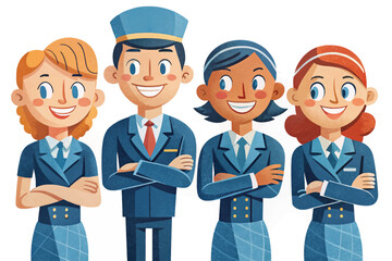 set of airline staff including pilot, stewardess, steward, and flight attendants vector. Male and female crew members in aviation uniforms. Isolated on white background